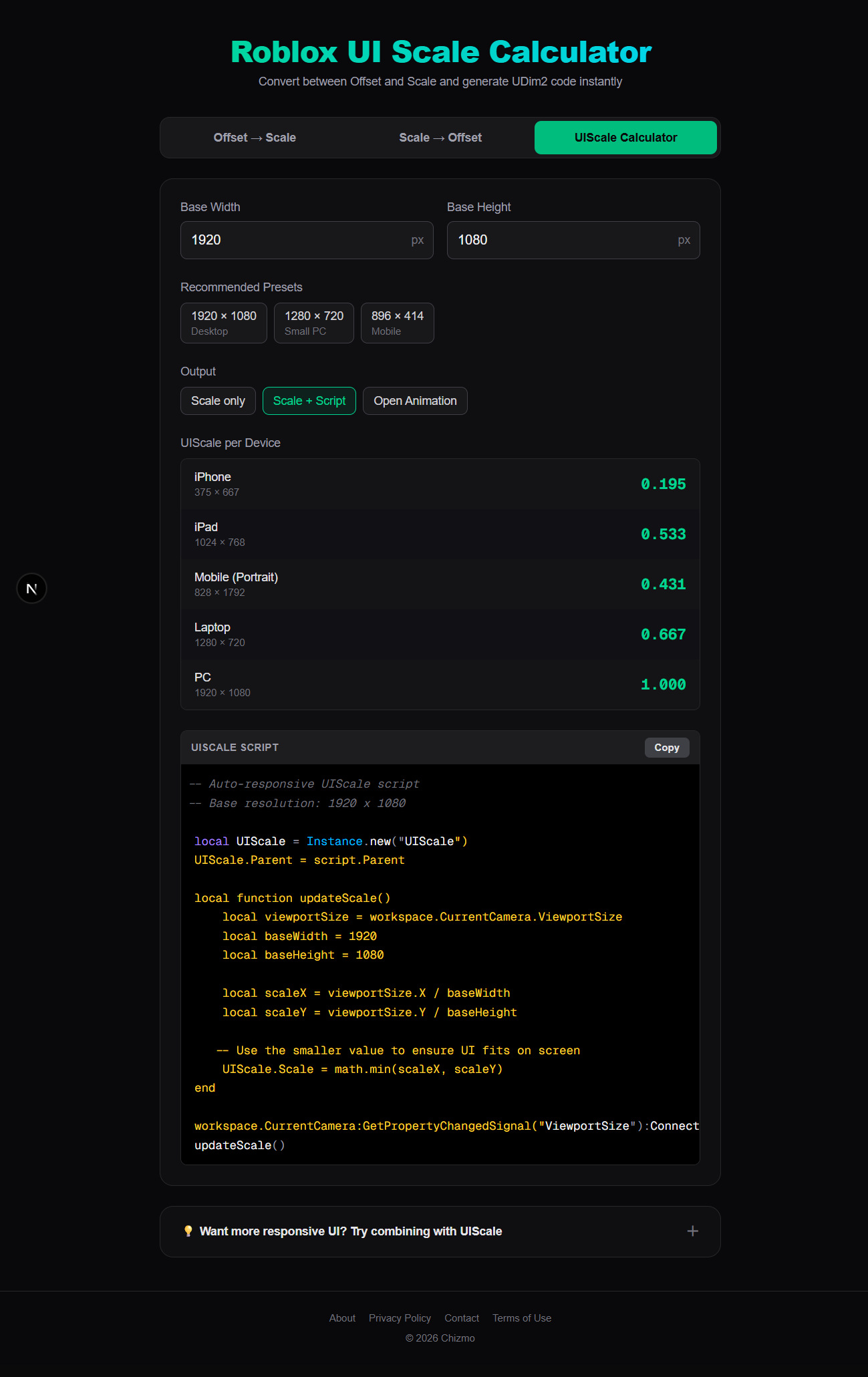 The UIScale Calculator tab showing a generated LocalScript that creates a UIScale Instance, reads workspace.CurrentCamera.ViewportSize, divides by base width 1920 and height 1080, and sets UIScale.Scale to math.min of the two ratios.